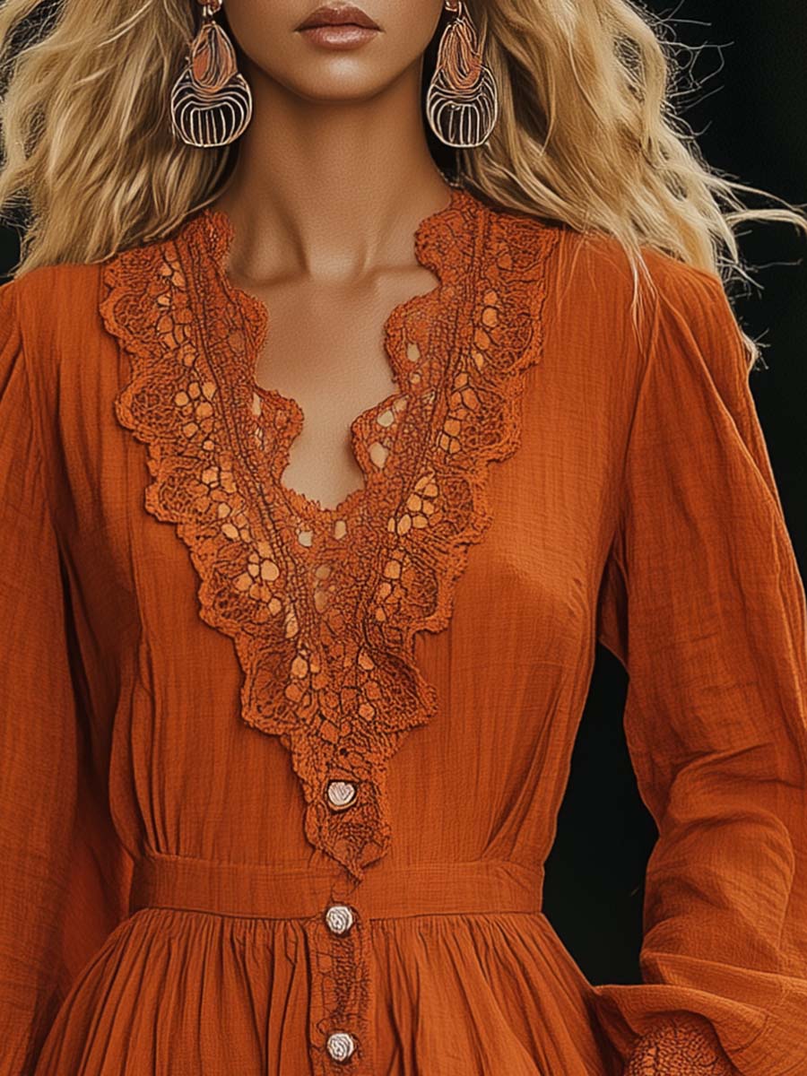 Fashionable and Vibrant Bohemian Lace V-neck Orange Mini Dress