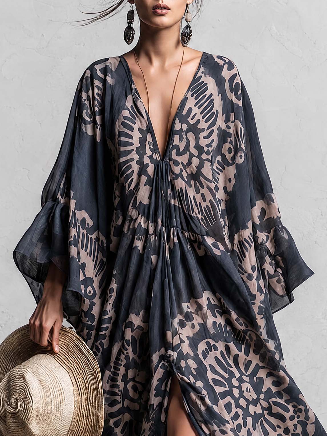 Elegant And Flowing Retro Print V-neck Dark Blue Chiffon Slit Maxi Dress