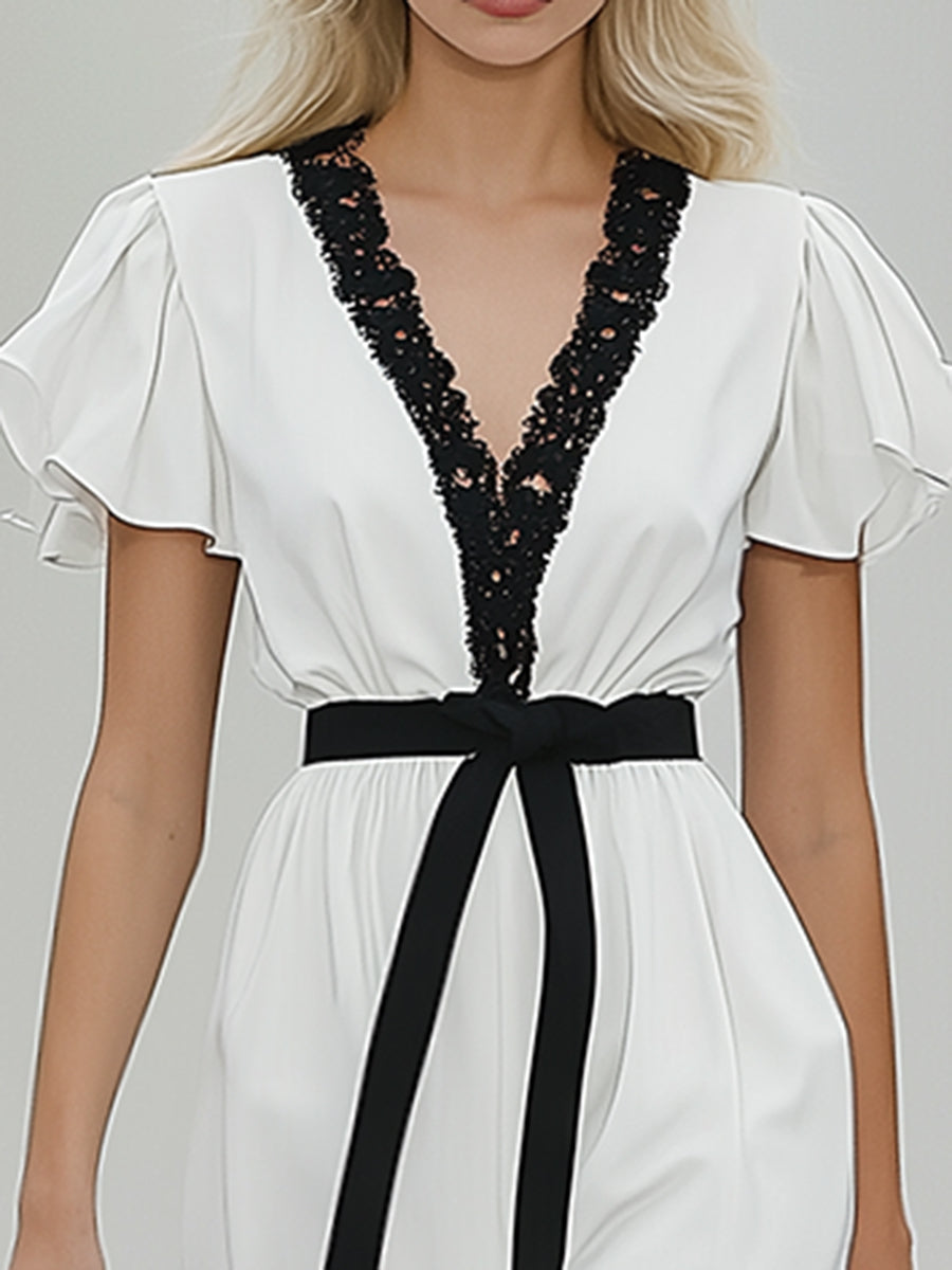 High-End Elegant And Fashionable Black Lace White Short-Sleeved Jumpsuit