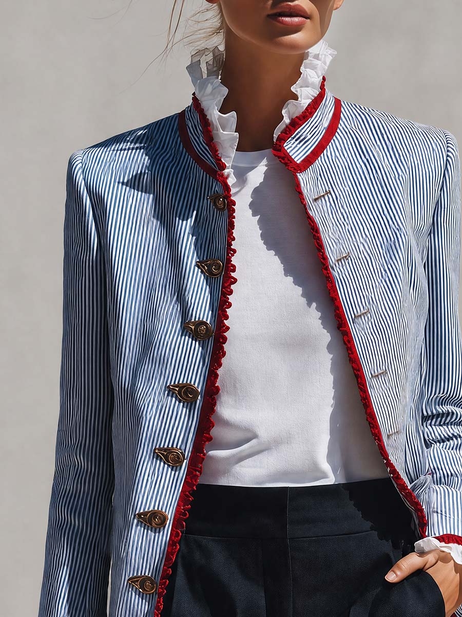 Elegant Vintage Ruffled Stand Collar Lace Trim Blue And White Striped Jacket