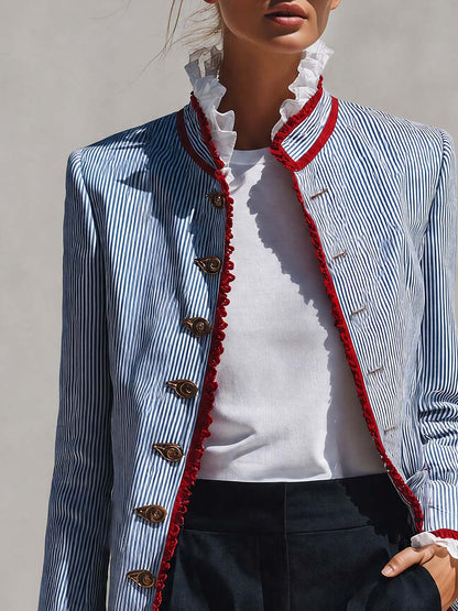 Elegant Vintage Ruffled Stand Collar Lace Trim Blue And White Striped Jacket