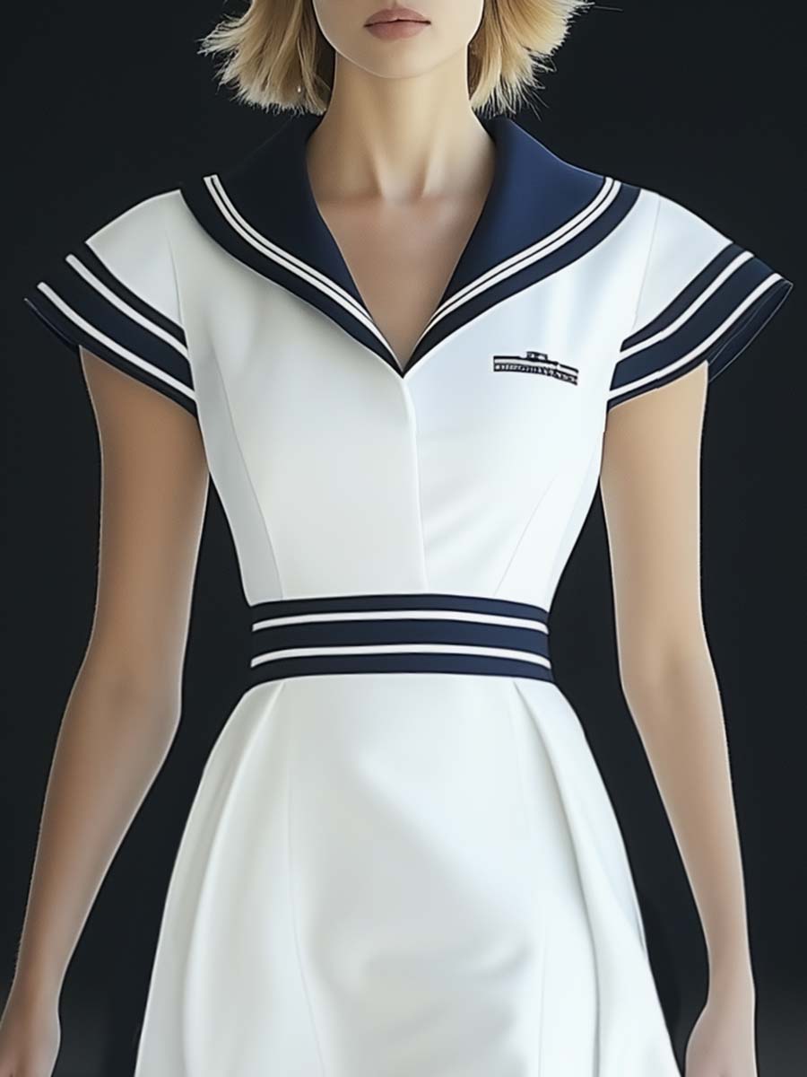 Fashion Navy Collar Short Sleeves A-line White Midi Dress