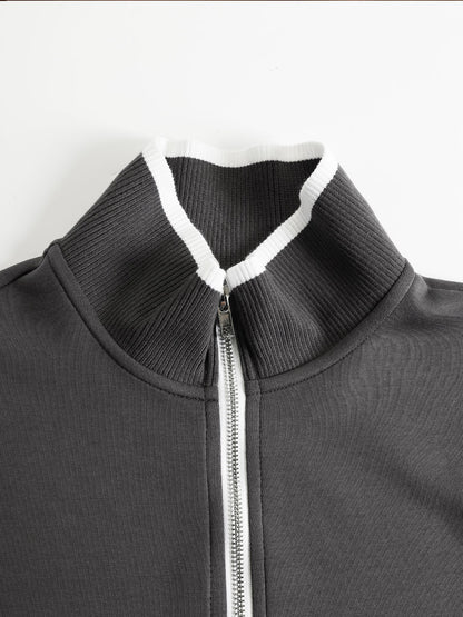 Retro Sporty Webbing Grey-white Half-zip Sweatshirt And Wide-leg Pants Set