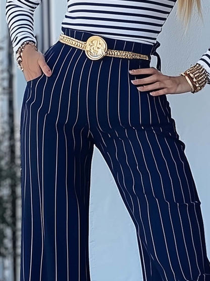 Elegant and Versatile White Striped Metal Waist Chain Navy Blue Pants