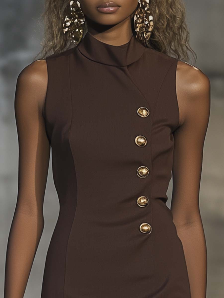 Elegant and Simple Half Turtleneck Button Decoration Brown Mini Dress