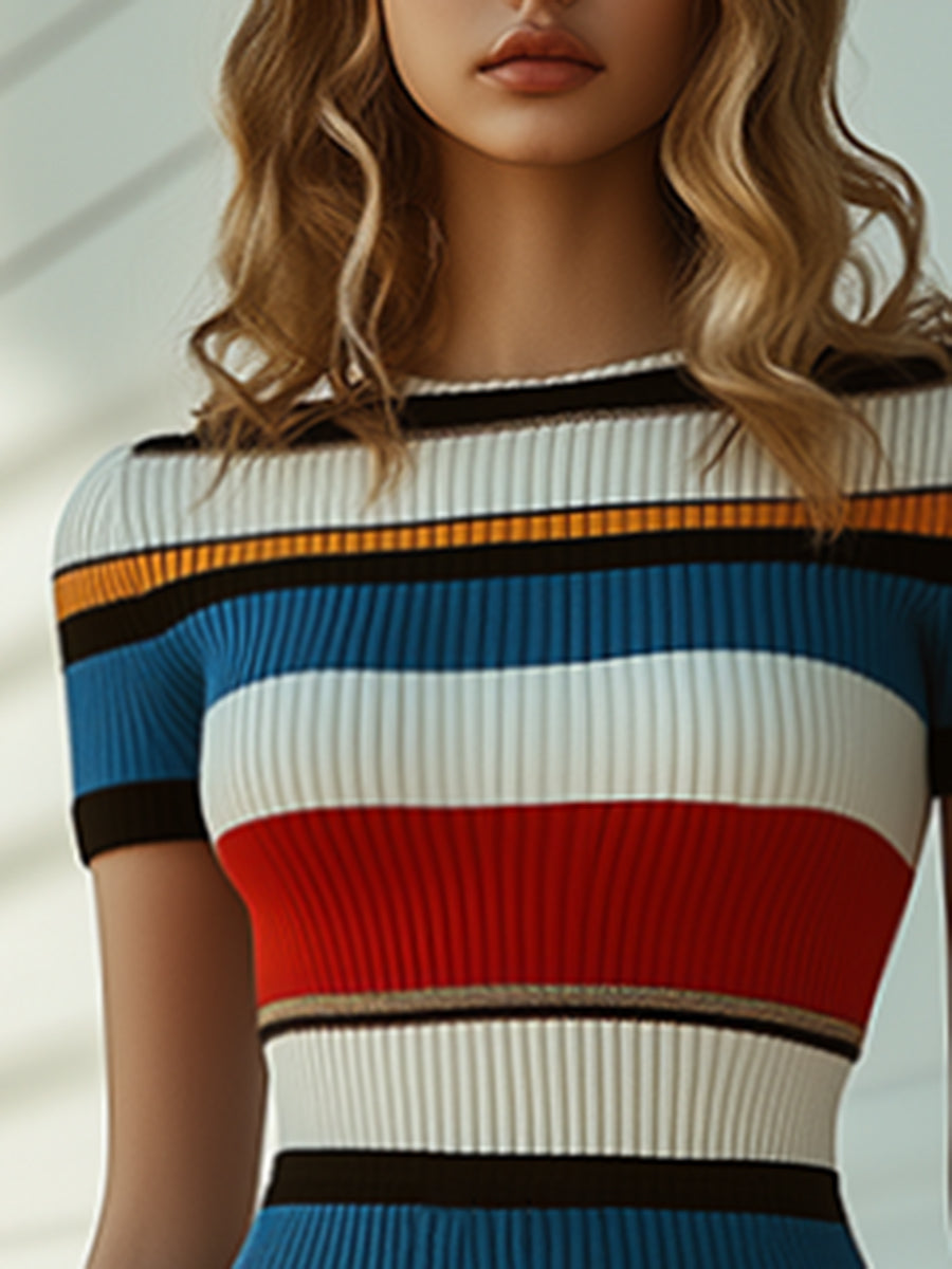 High-End Fashionable Contrast Striped Short-Sleeved Knitted Mini Dress