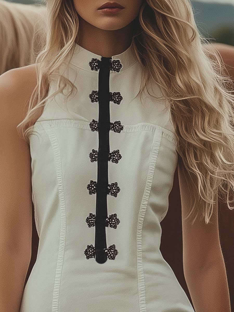 Elegant Sleeveless Contrast Color Buttoned White Tassel Mini Dress