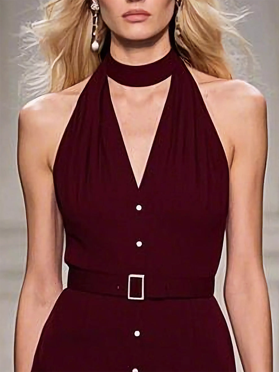 Retro Elegant Fashion Halter Neck Burgundy Midi Dress