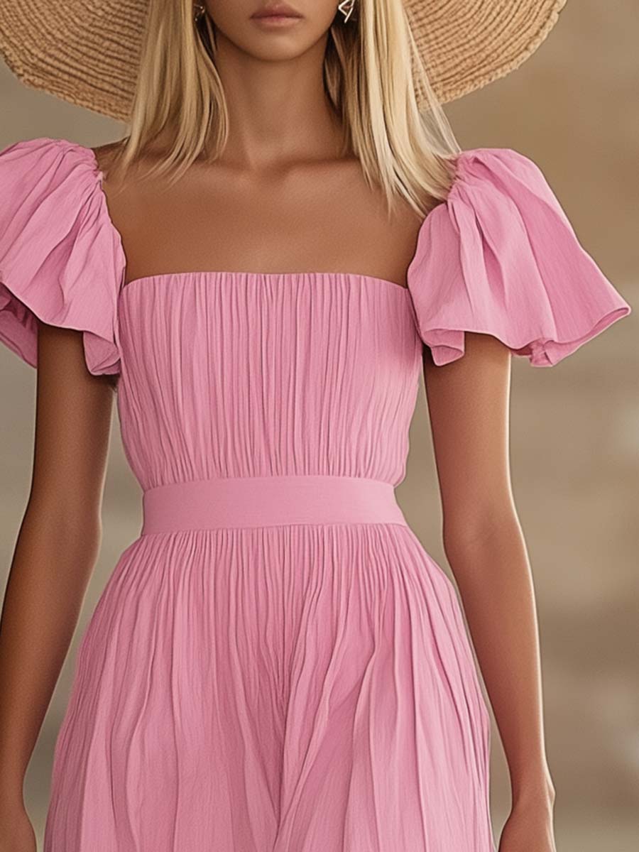 Fashion Square Neck Bubble Short Sleeve Pink Texture Midi Dress