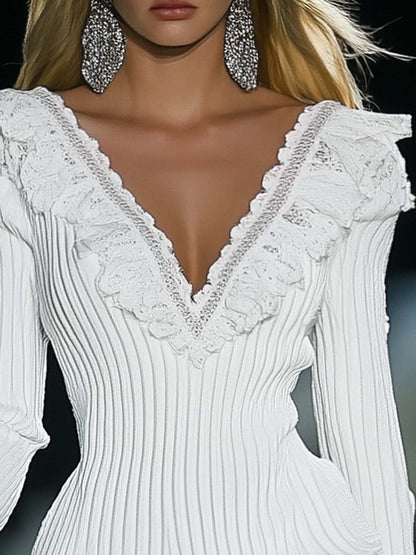 Fashion V-neck Lace Trim White Thin Ribbed Mini Dress