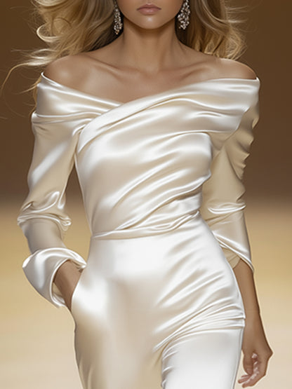 Elegant And Exquisite One-Shoulder White Satin Wide-Leg Jumpsuit