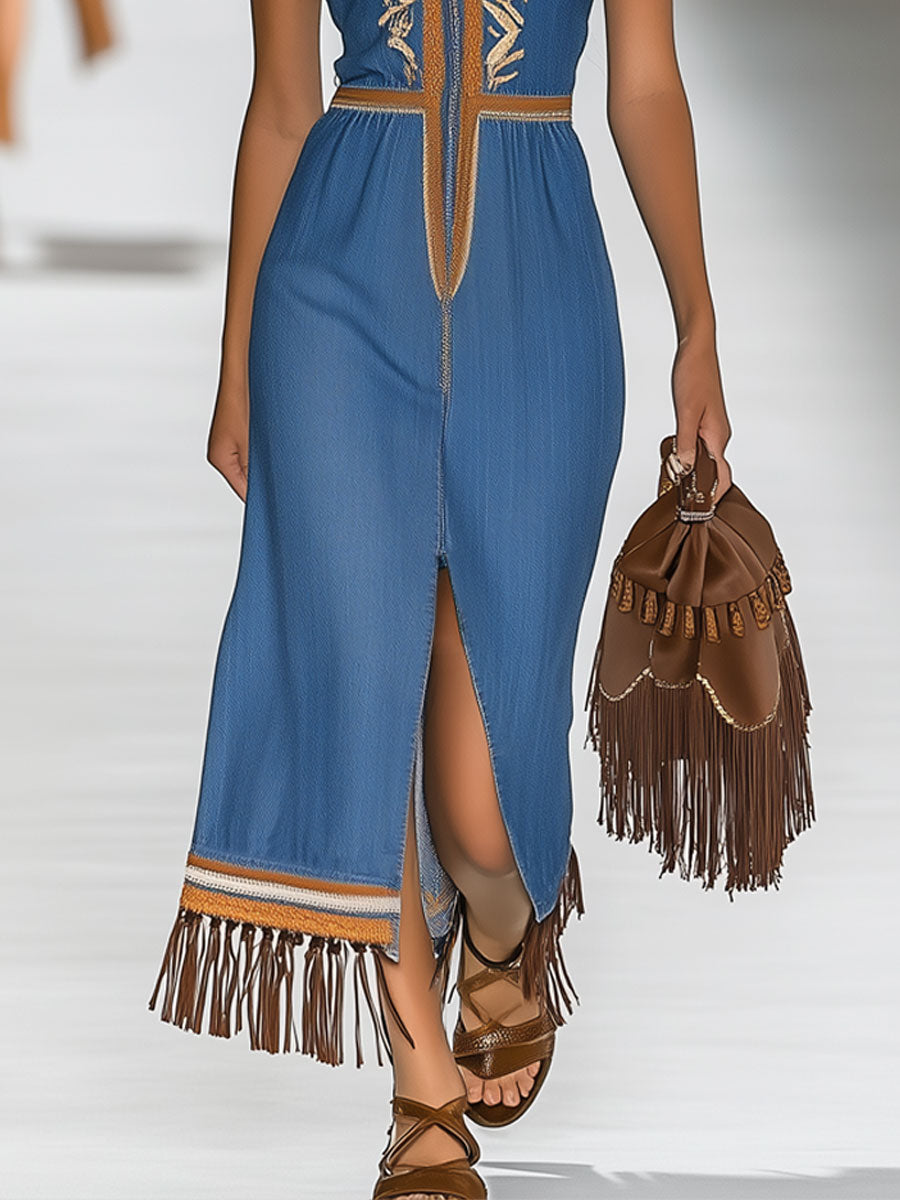 Retro Bohemian Embroidered Zipper Slit Tassel Sleeveless Denim Midi Dress