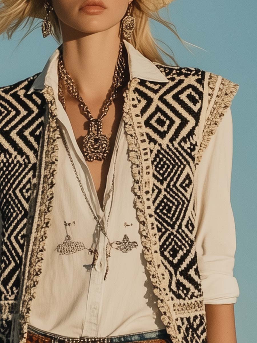 Retro Fashion Geometric Pattern Tassel Long Crochet Vest