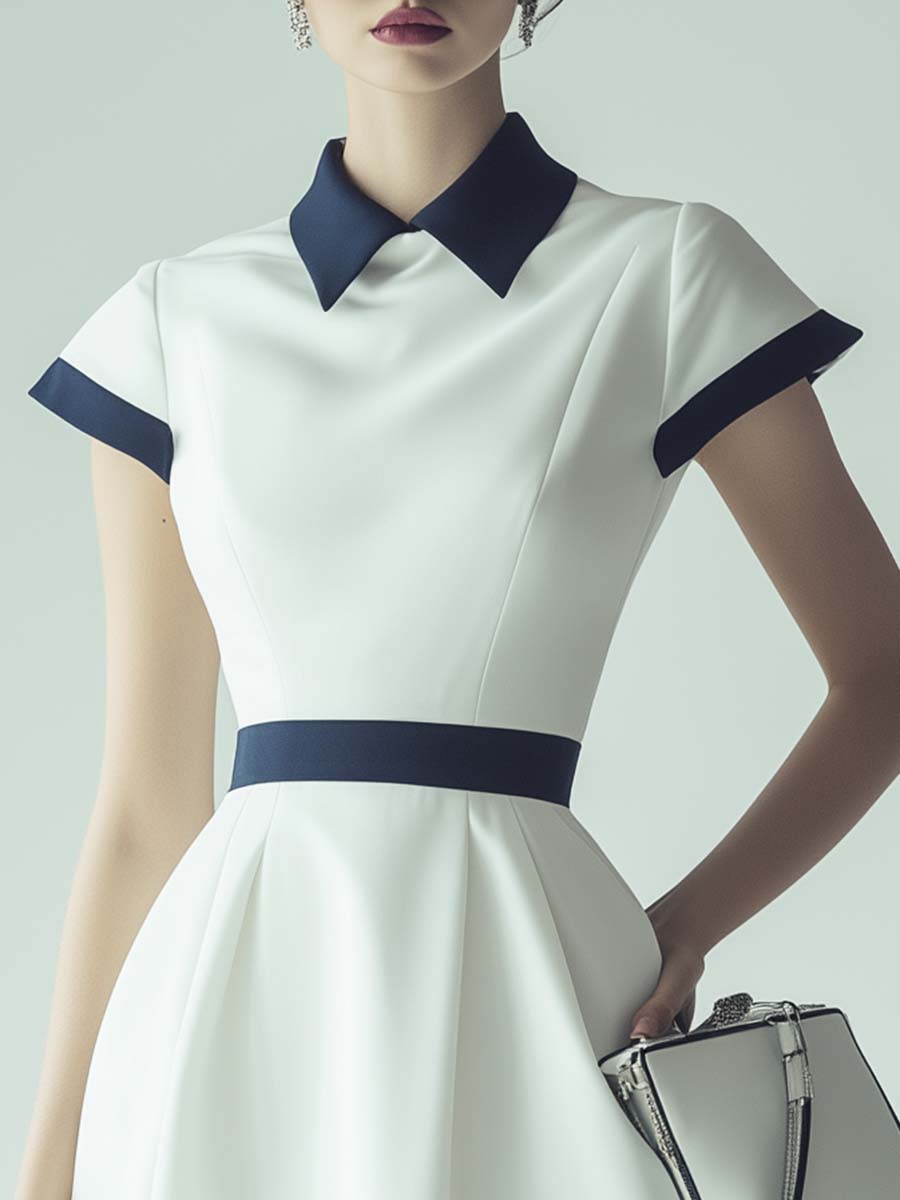 Elegant and Simple Short-sleeved Navy Blue Trim White Mini Dress