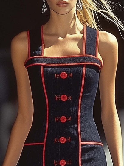 Elegant and Fashionable Red Trim Denim Suspenders Mini Dress