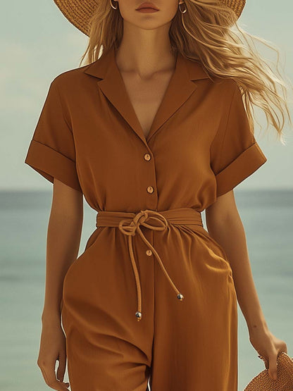 Casual Loose Short Sleeve Front Button Placket Brown Jumpsuit