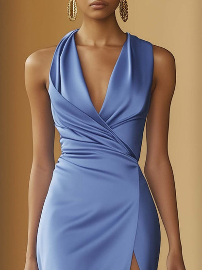 Elegant Blue Satin Asymmetric Slit Maxi Dress