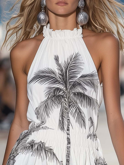 Fashionable Halter Collar Coconut Tree Print White Beach Mini Dress