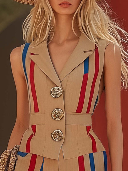 Fashion V-neck Sleeveless Striped Print Beige Fake Two-piece Jumpsuit