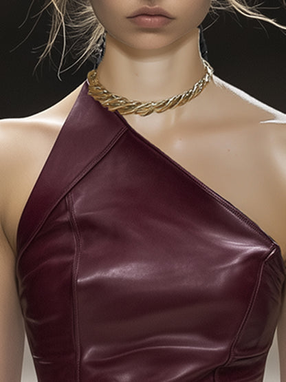 Fashionable And Sexy Burgundy Leather One-Shoulder Top