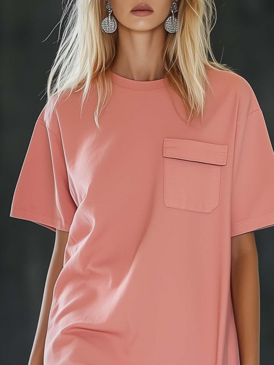 Casual Loose and Comfortable Short-sleeved T-shirt Style Pink Midi Dress