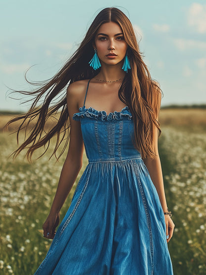 Fashion Retro Ruffled Sleeveless Elastic Waist A-Line Denim Maxi Dress