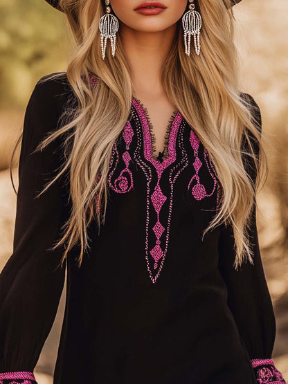 Fashion Western Pink Embroidery Black Mini Dress