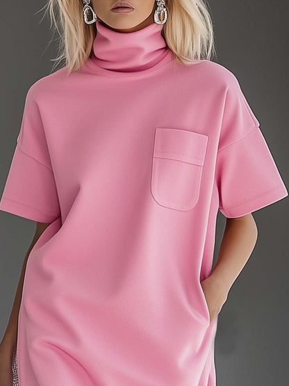 Casual Fashion High Collar Short Sleeve Loose T-shirt Style Pink Midi Dress