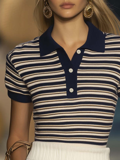 Elegant and Fashionable Navy Blue Beige Striped Knitted Polo T-shirt