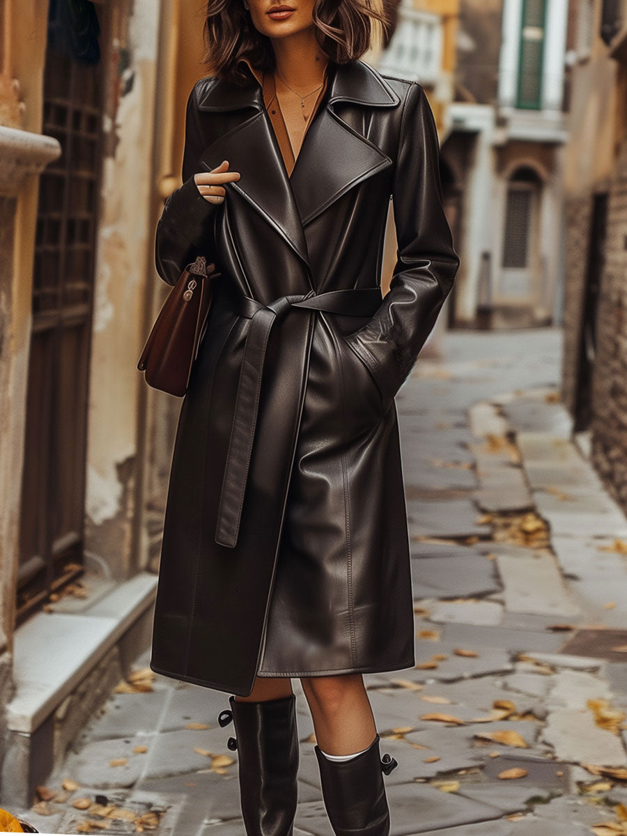 Casual Loose Vintage Belt Pocket Leather Trench Coat