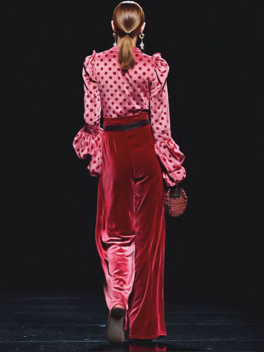 Trendy Retro Polka Dot Red Velvet V-neck Long-sleeved T-shirt And Wide-leg Pants Set
