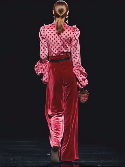 Trendy Retro Polka Dot Red Velvet V-neck Long-sleeved T-shirt And Wide-leg Pants Set