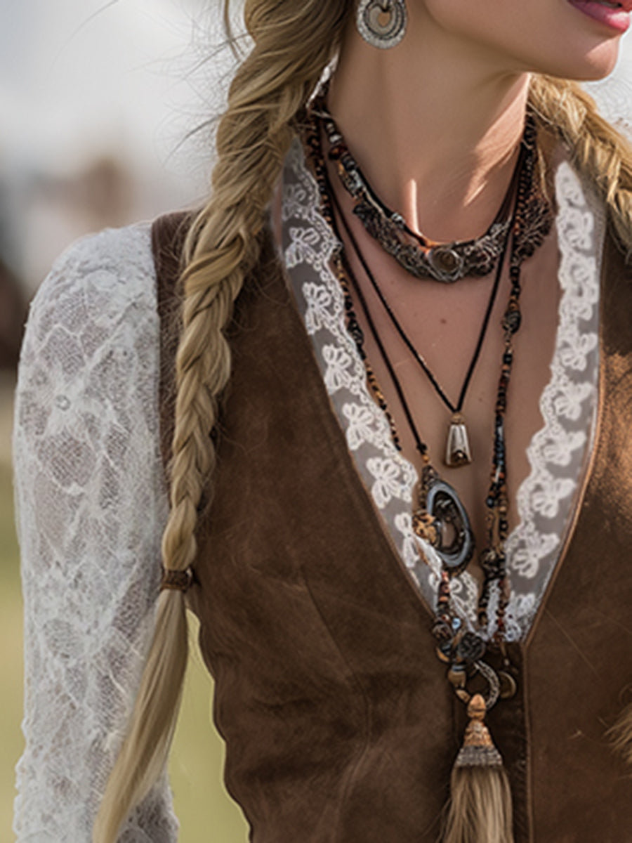 Romantic Western Style Lace Sleeves Brown Suede Shirt