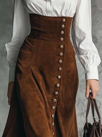 Vintage Versatile Exquisite Elegant Front Button Brown Suede High-waisted Skirt
