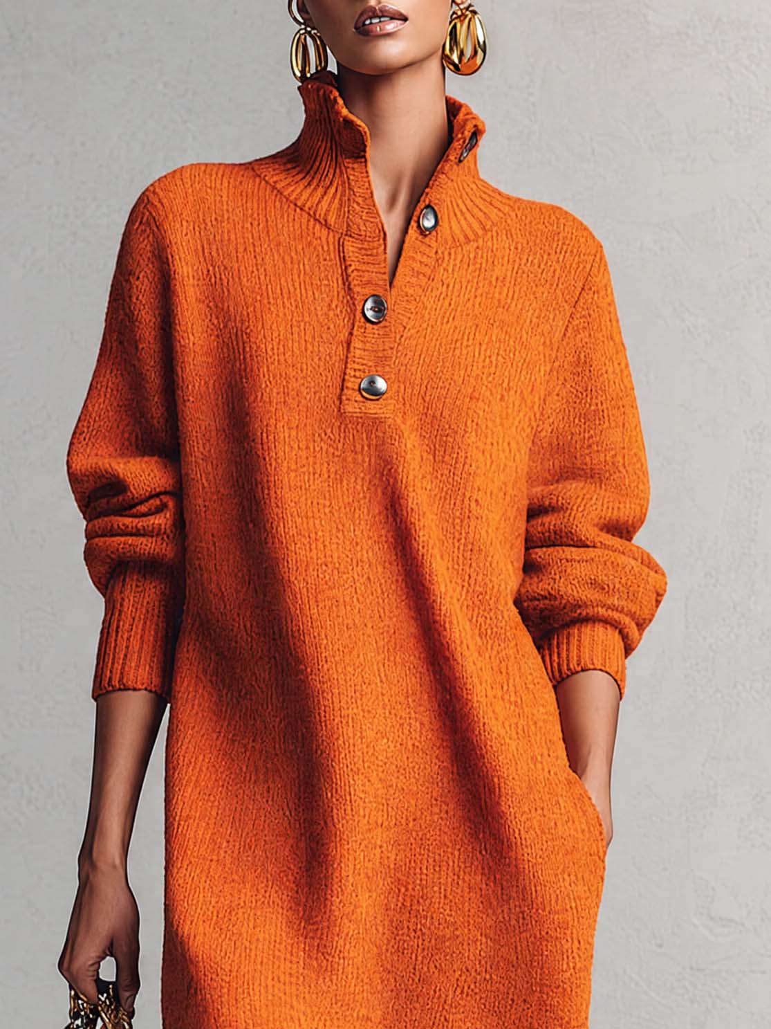Comfortable And Fashionable Lapel Front Button Orange Knitted Midi Dress