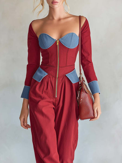 Western Red Denim Corset Off-Shoulder Zip-Front Long-Sleeve Wide-Leg Jumpsuit