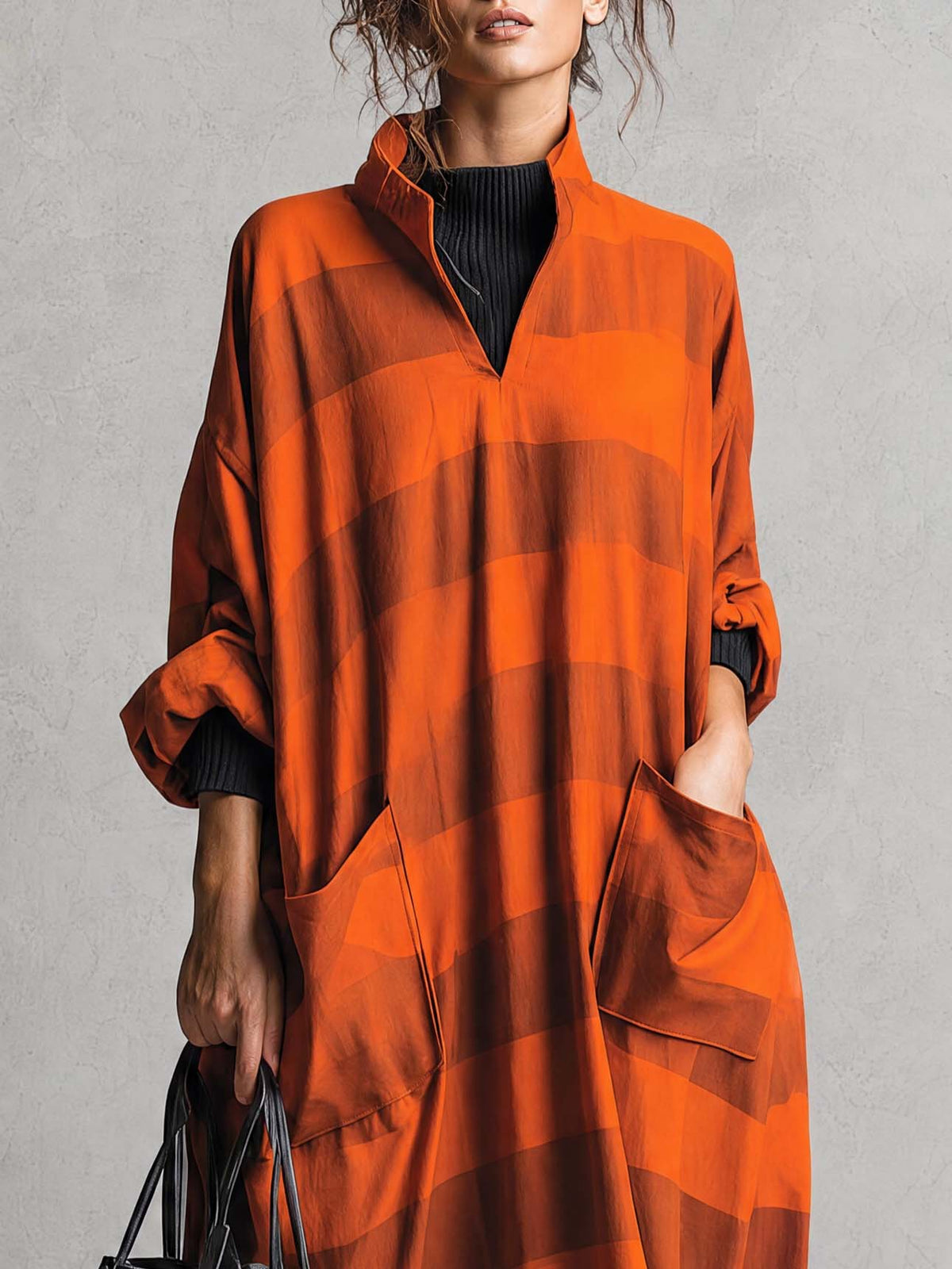 Vintage Fashion Ultra Loose V-neck Large Pockets Orange And Brown Wide Striped Maxi Dress