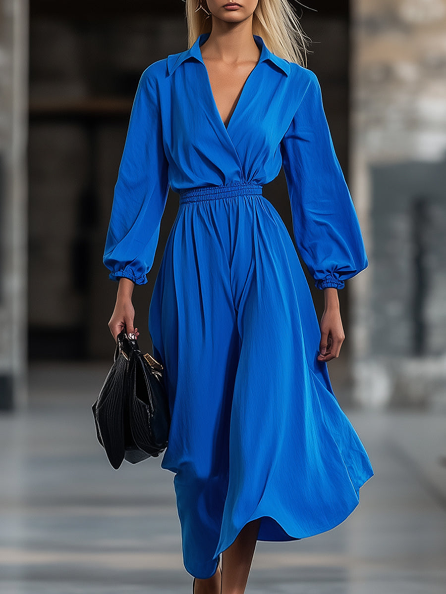 Fashionable And Elegant Lapel Long Sleeve Cotton Maxi Dress