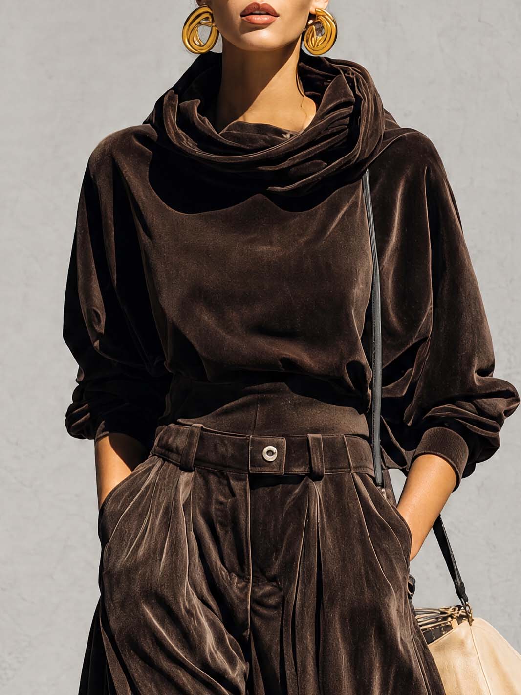 Vintage Sophisticated Casual Brown Velvet Hoodie And Loose Pants Set