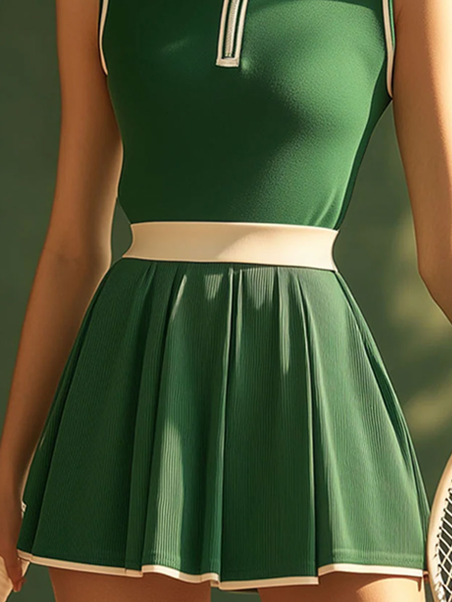 Casual Fashion Polo Neck White Trim Green Sleeveless Mini Dress