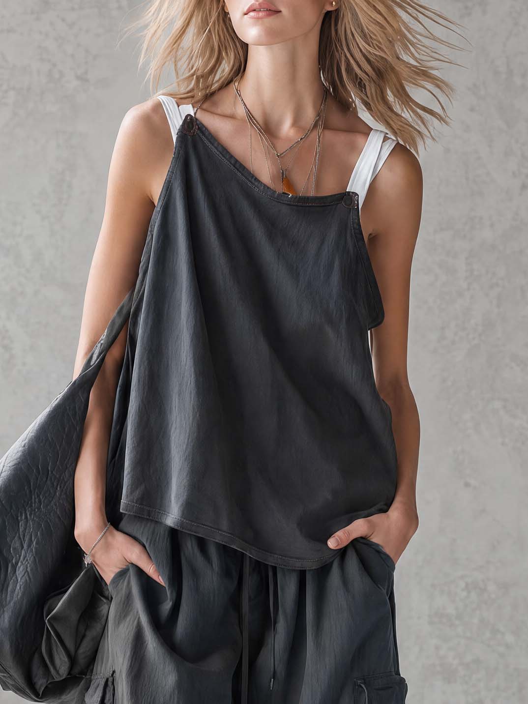Exquisite Casual Workwear-inspired Dark Blue Cotton Off-the-shoulder Tank Top And Pants Set