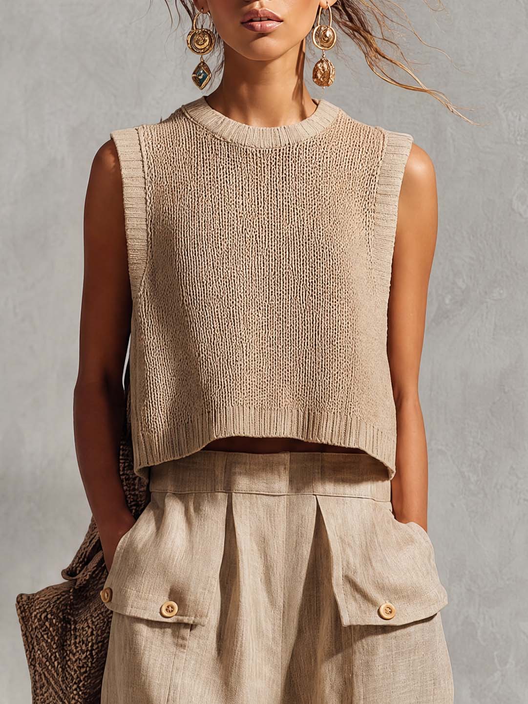 Casual Breathable Urban Style Beige Knitted Top And Cotton Pants Set