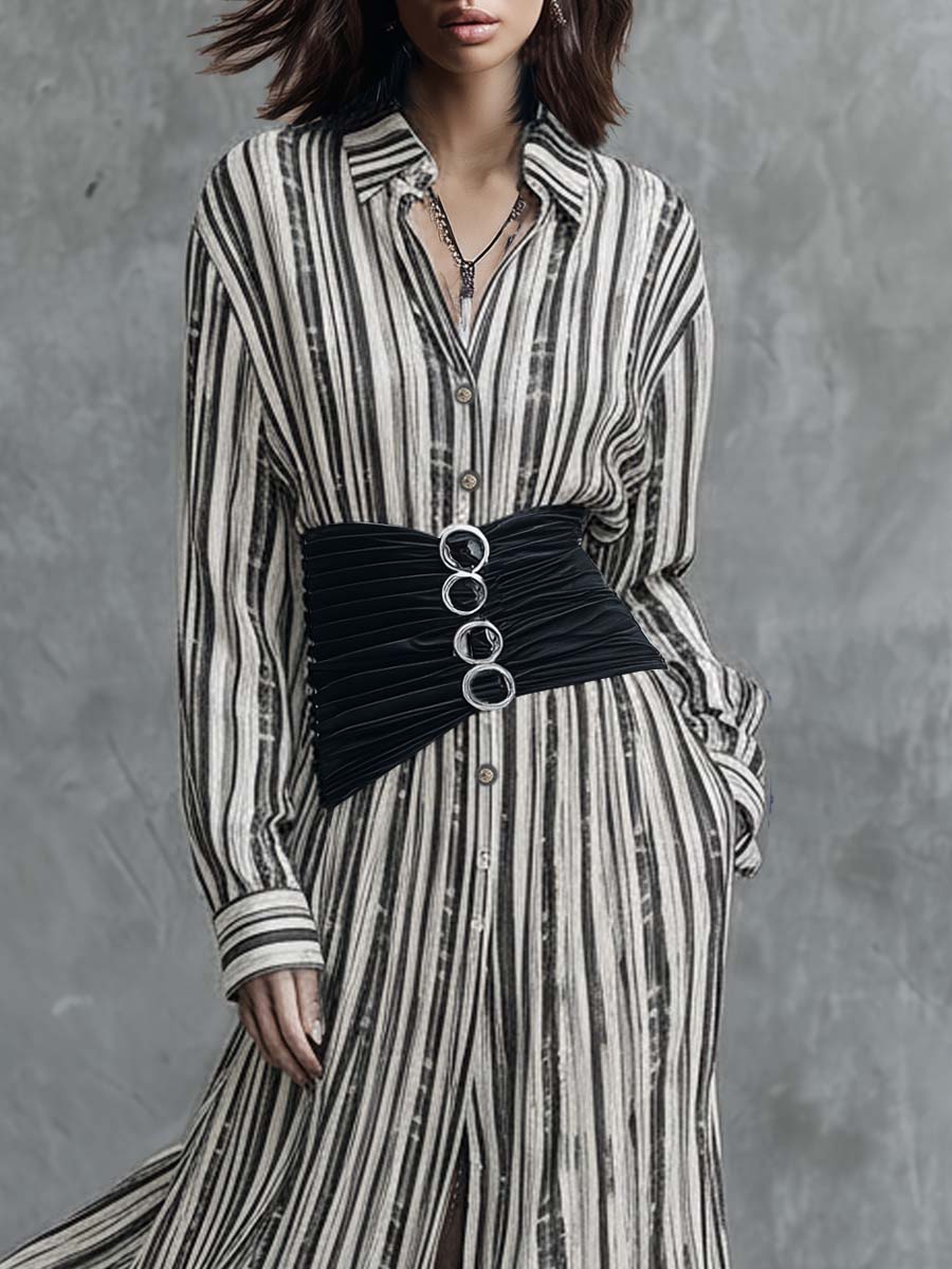Retro Fashion Flowy Black And White Striped Chiffon Shirt Dress