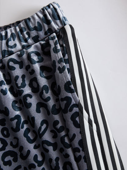 Sporty Retro Striped Mesh Sleeve Gray Leopard Print Velvet Sweatshirt And Pants Set