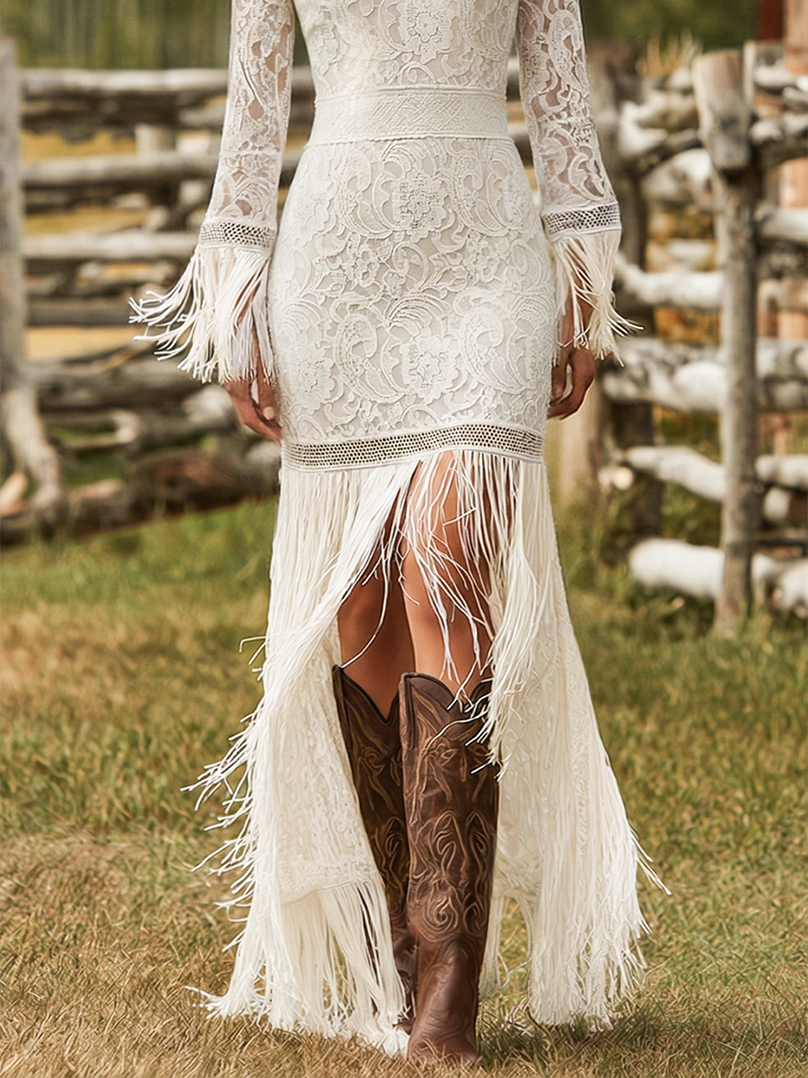 Retro White Lace V-neck Long Sleeve Tassel Short Front And Long Back Skirt Maxi Dress