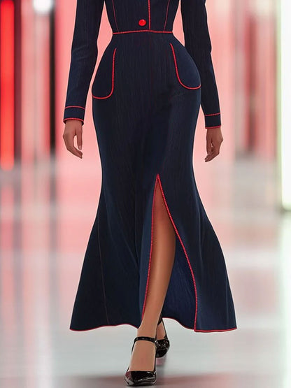 Retro Fashion Long Sleeve Navy Blue Denim Red Open Line Slit Maxi Dress