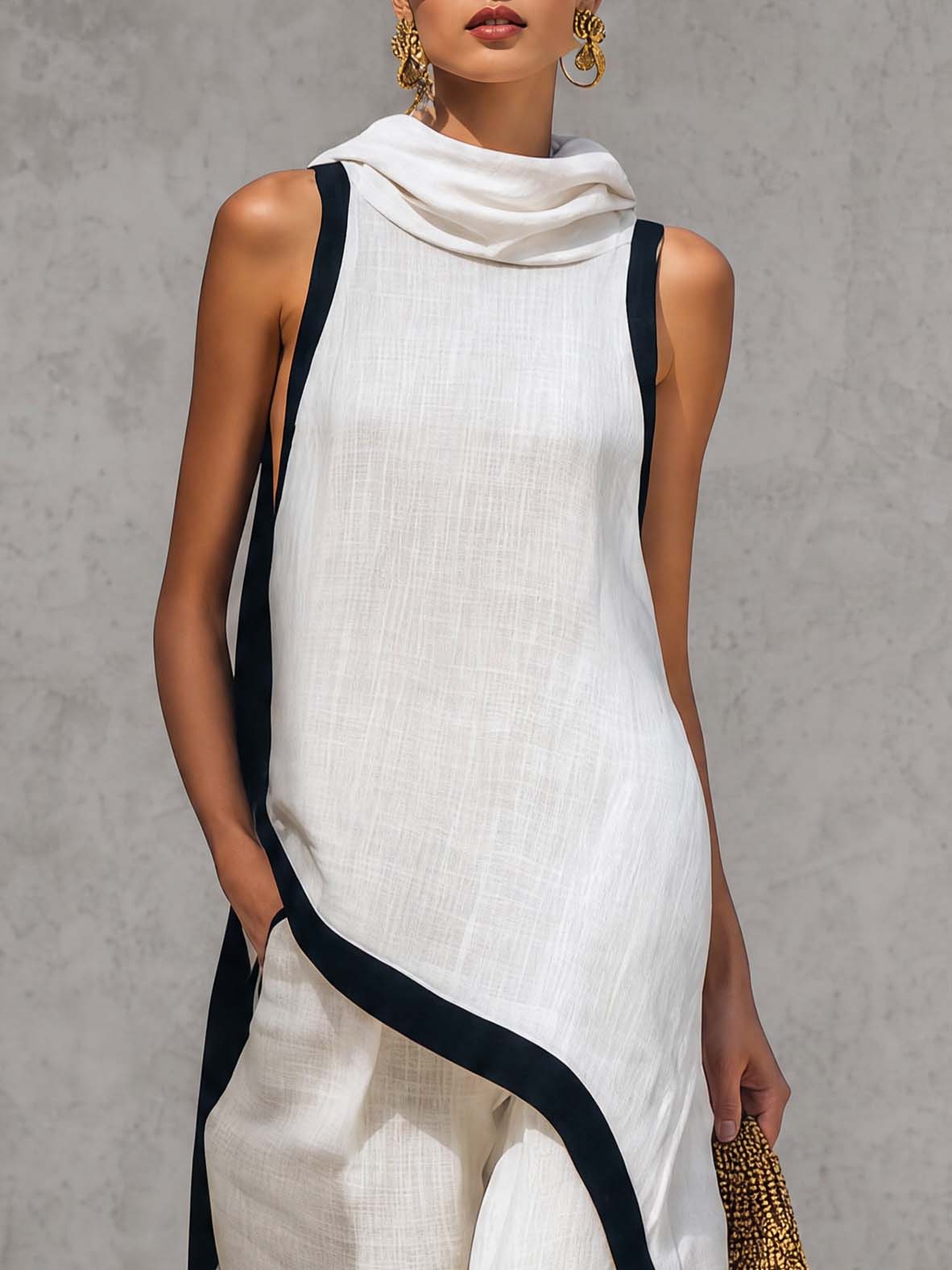 Temperament Casual Hooded White Black Trim White Cotton And Linen Asymmetrical Long Top And Pants Set