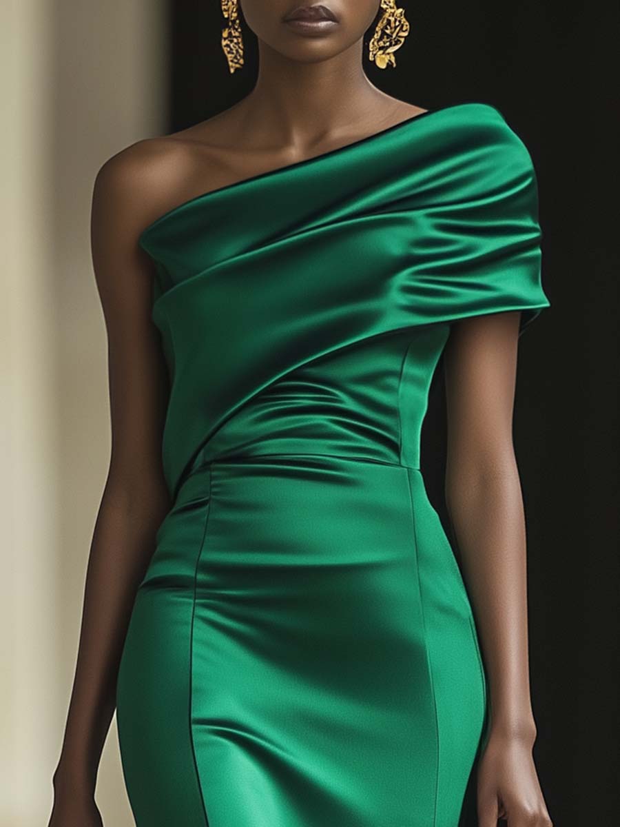 Elegant Personality One-shoulder Green Satin Maxi Dress