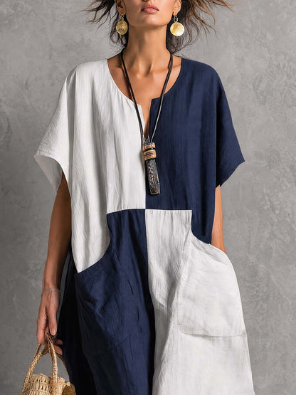Retro White And Blue Color Blocked Cotton And Linen Short Sleeved Midi Dress