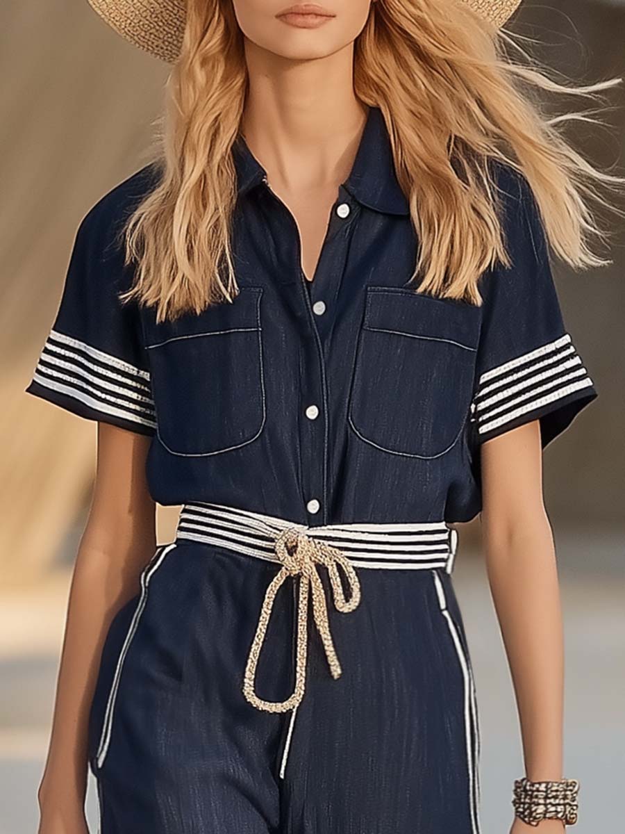 Elegant and Stylish Shirt Collar with Striped Trim Navy BlueJumpsuit